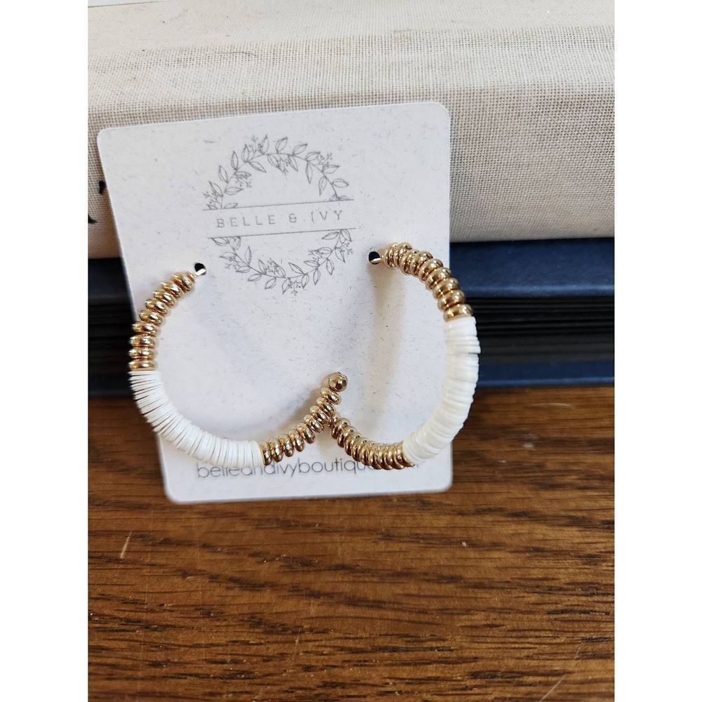 White and Gold Bead Hoop Earrings